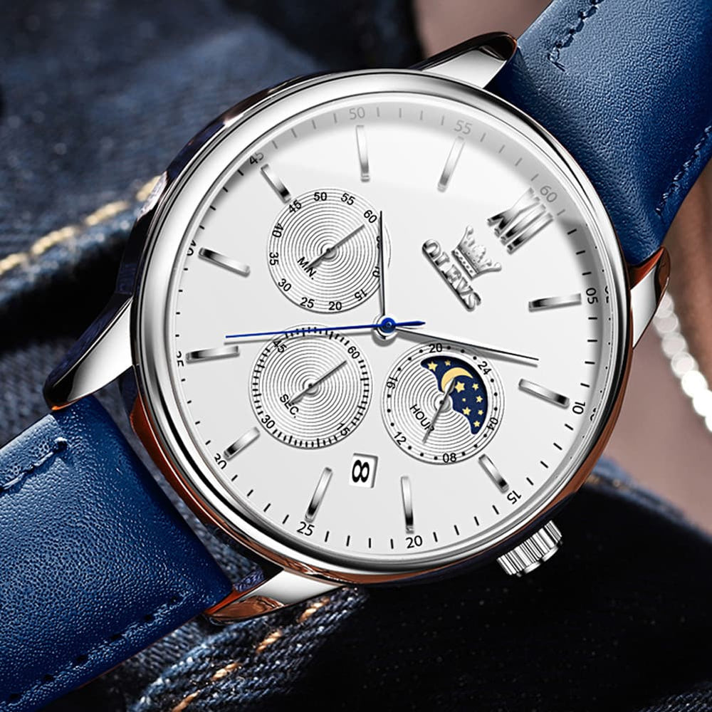 OLEVS 2922 Moon Phase Leather Dress Watch For Men - Black Silver Watch | Olevs Watch Store