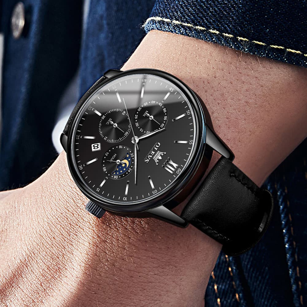 OLEVS 2922 Moon Phase Leather Dress Watch For Men - Black Silver Watch | Olevs Watch Store
