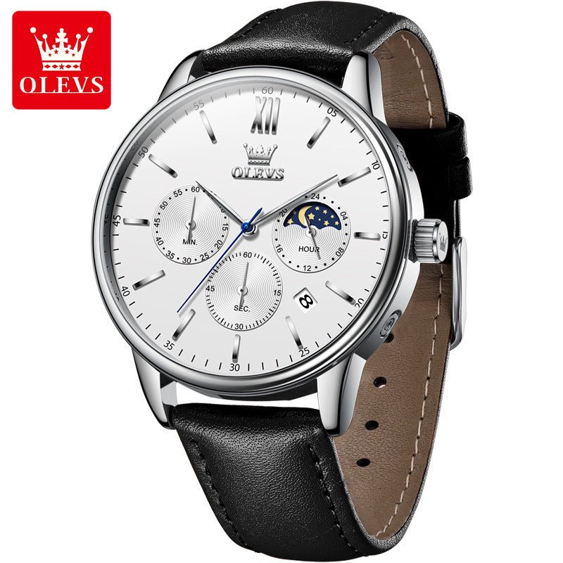 OLEVS 2922 Moon Phase Leather Dress Watch For Men - Black White Watch | Olevs Watch Store