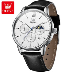 OLEVS 2922 Moon Phase Leather Dress Watch For Men - Black White Watch | Olevs Watch Store