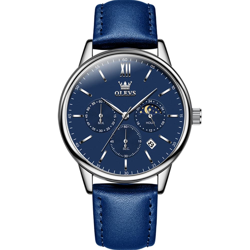 OLEVS 2922 Moon Phase Leather Dress Watch For Men - Blue Watch | Olevs Watch Store