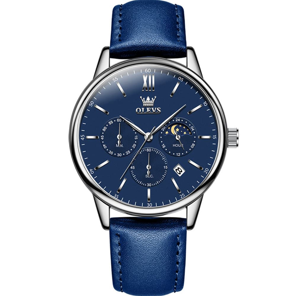OLEVS 2922 Moon Phase Leather Dress Watch For Men - Blue Watch | Olevs Watch Store