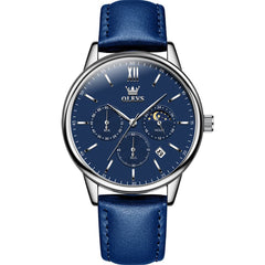 OLEVS 2922 Moon Phase Leather Dress Watch For Men - Blue Watch | Olevs Watch Store