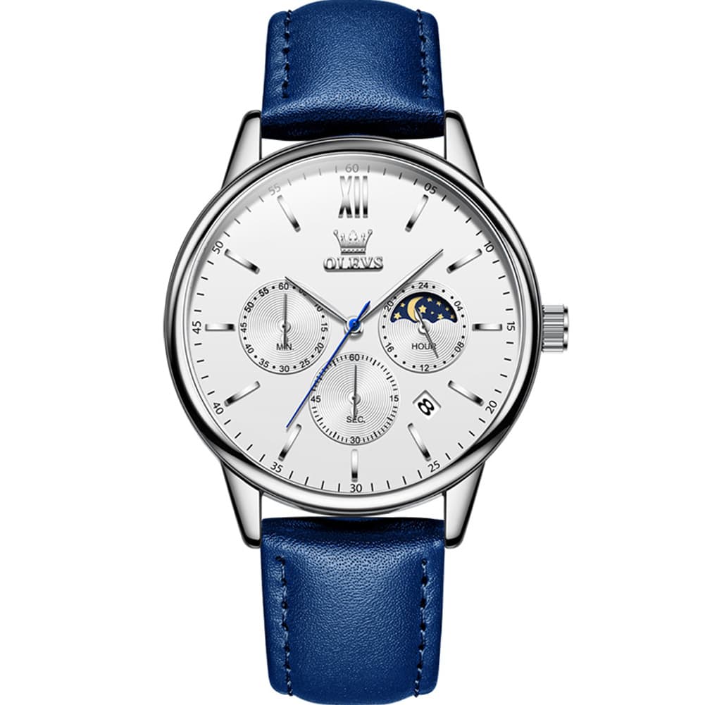 OLEVS 2922 Moon Phase Leather Dress Watch For Men - Blue White Watch | Olevs Watch Store