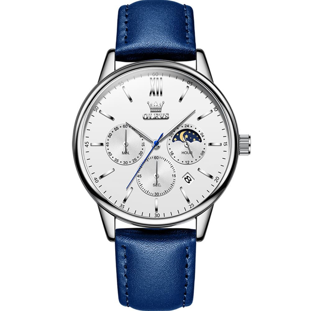 OLEVS 2922 Moon Phase Leather Dress Watch For Men - Blue White Watch | Olevs Watch Store