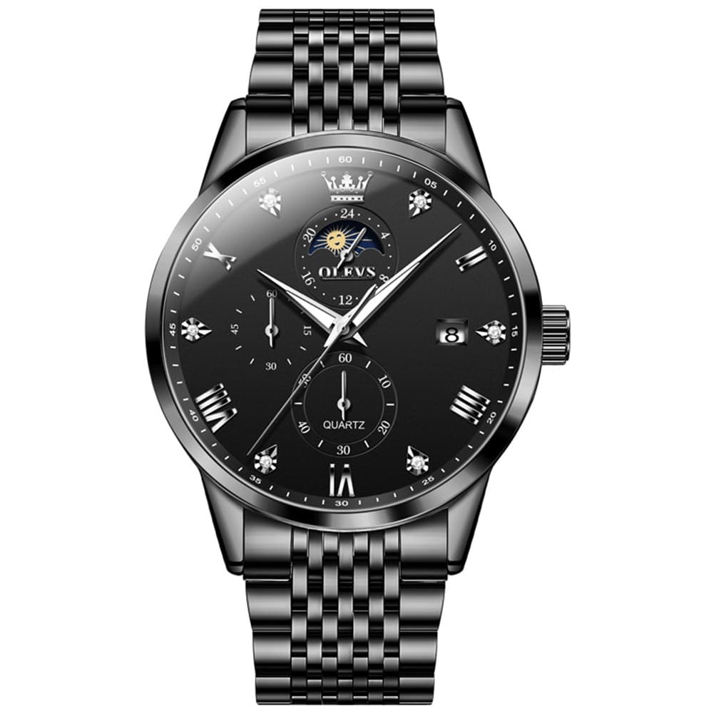 OLEVS 2925 Luminous Moon Phase Quartz Watch for Men - All Black Watch | Olevs Watch Store