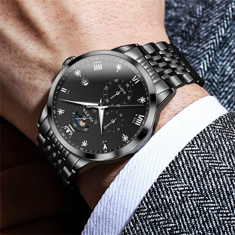 OLEVS 2925 Luminous Moon Phase Quartz Watch for Men - All Black Watch | Olevs Watch Store
