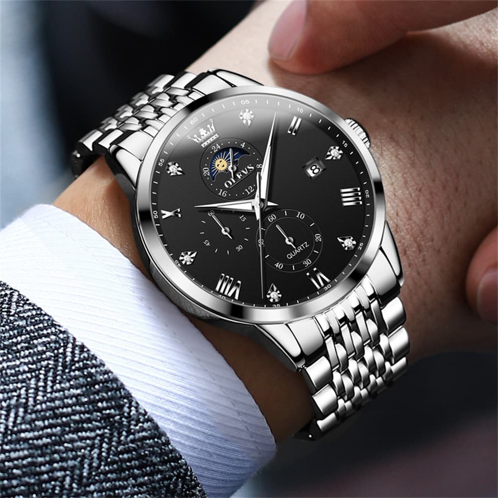 OLEVS 2925 Luminous Moon Phase Quartz Watch for Men - All Black Watch | Olevs Watch Store