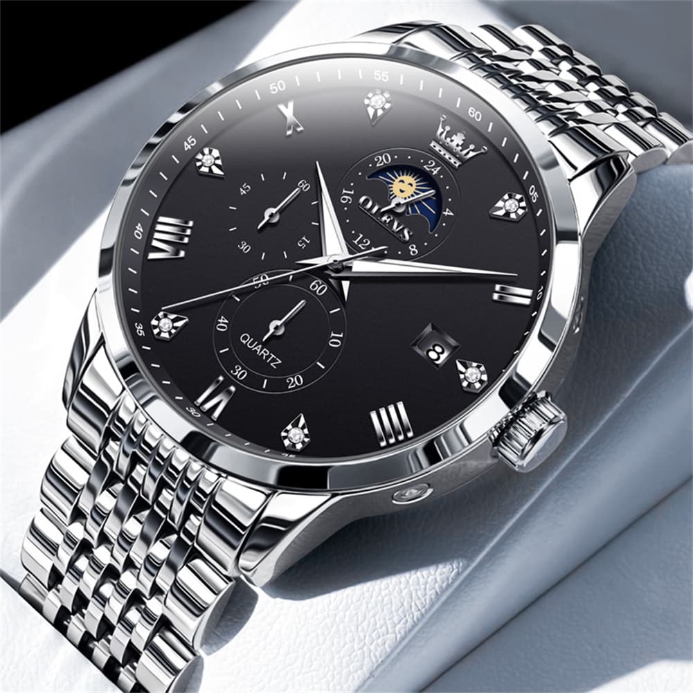 OLEVS 2925 Luminous Moon Phase Quartz Watch for Men - All Black Watch | Olevs Watch Store