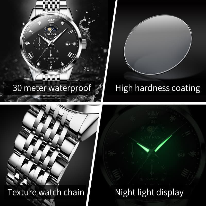OLEVS 2925 Luminous Moon Phase Quartz Watch for Men - All Black Watch | Olevs Watch Store