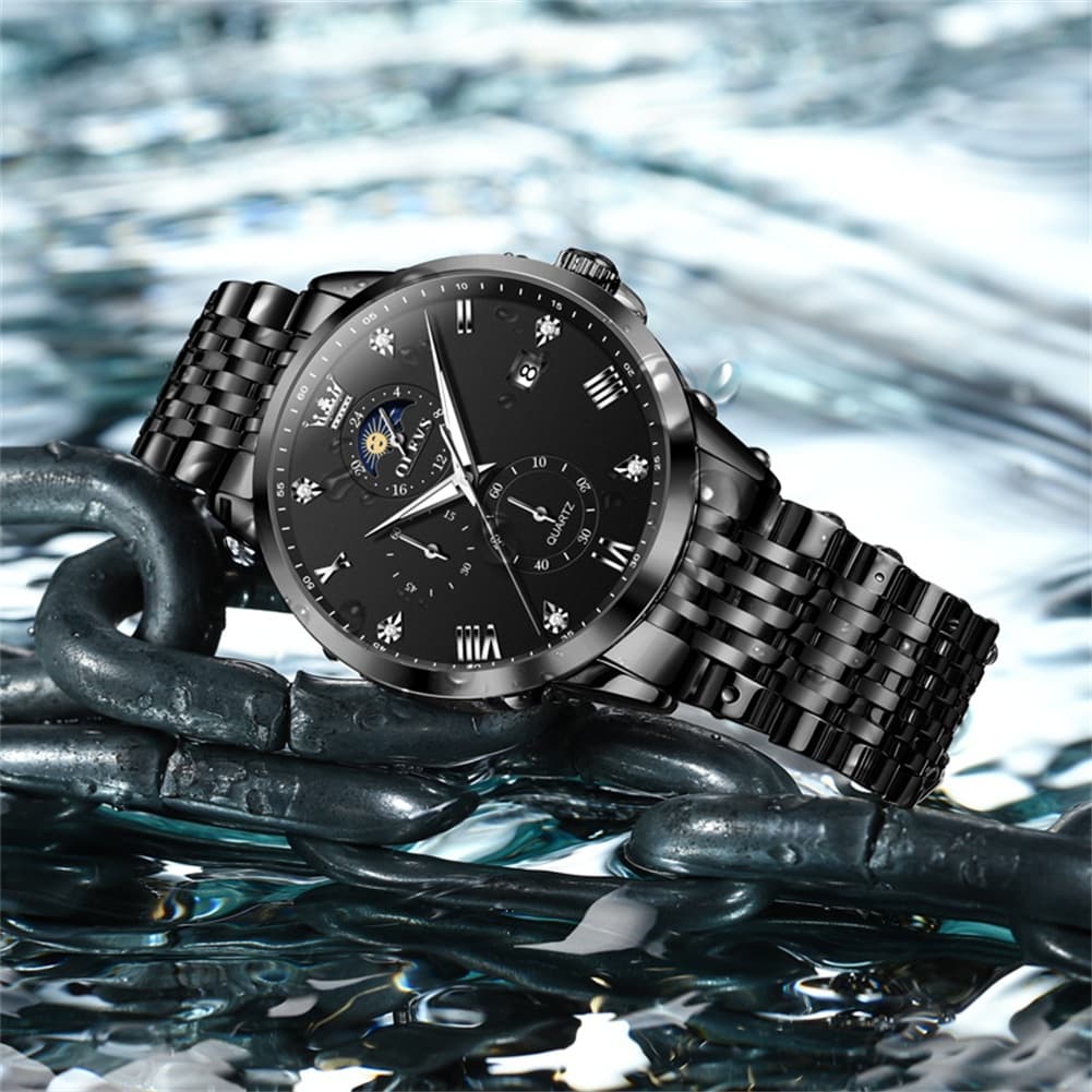 OLEVS 2925 Luminous Moon Phase Quartz Watch for Men - All Black Watch | Olevs Watch Store