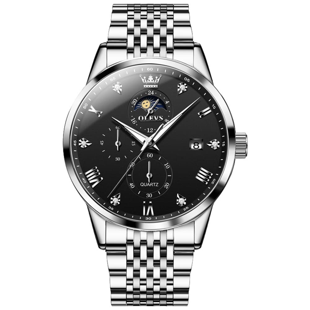 OLEVS 2925 Luminous Moon Phase Quartz Watch for Men - Silver Black Watch | Olevs Watch Store
