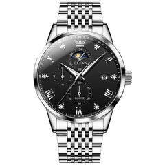 OLEVS 2925 Luminous Moon Phase Quartz Watch for Men - Silver Black Watch | Olevs Watch Store