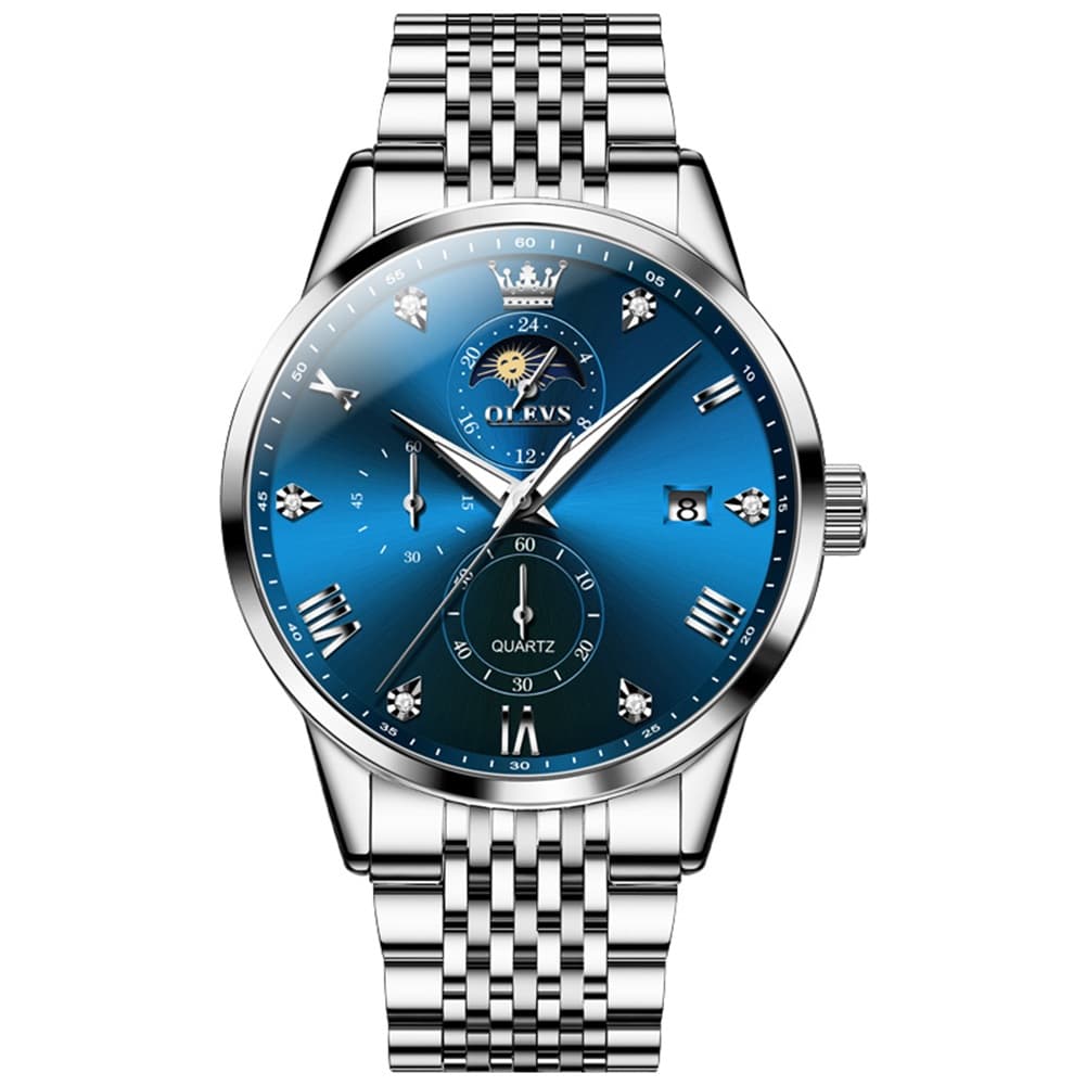 OLEVS 2925 Luminous Moon Phase Quartz Watch for Men - Silver Blue Watch | Olevs Watch Store