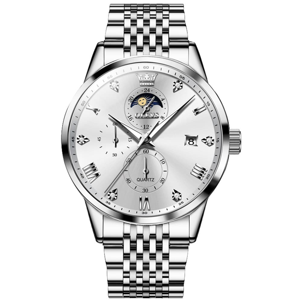 OLEVS 2925 Luminous Moon Phase Quartz Watch for Men - Silver White Watch | Olevs Watch Store