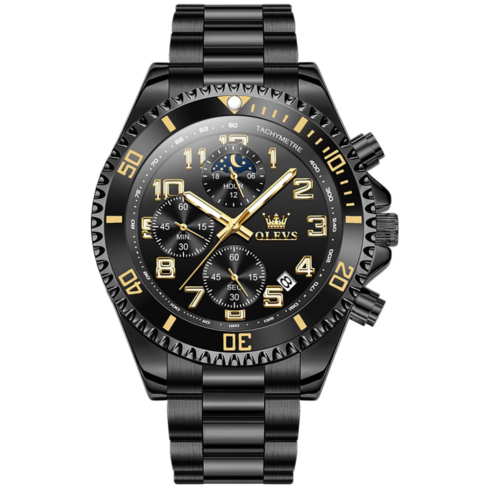 OLEVS 2926 Dive-Style Moon Phase Quartz Watch for Men - All Black Watch | Olevs Watch Store