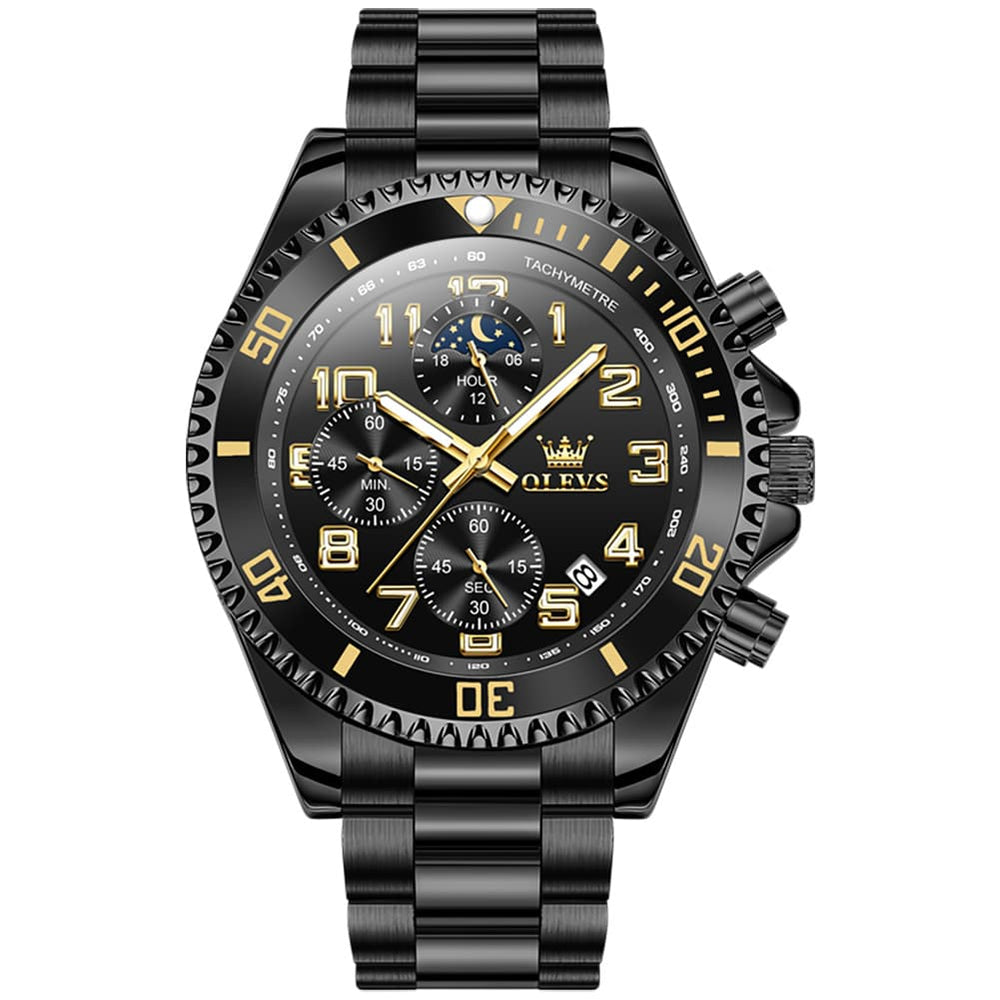 OLEVS 2926 Dive-Style Moon Phase Quartz Watch for Men - All Black Watch | Olevs Watch Store