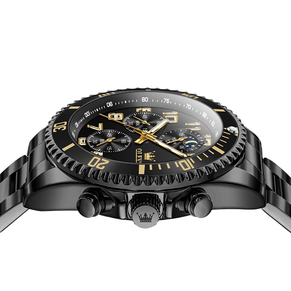 OLEVS 2926 Dive-Style Moon Phase Quartz Watch for Men - All Black Watch | Olevs Watch Store