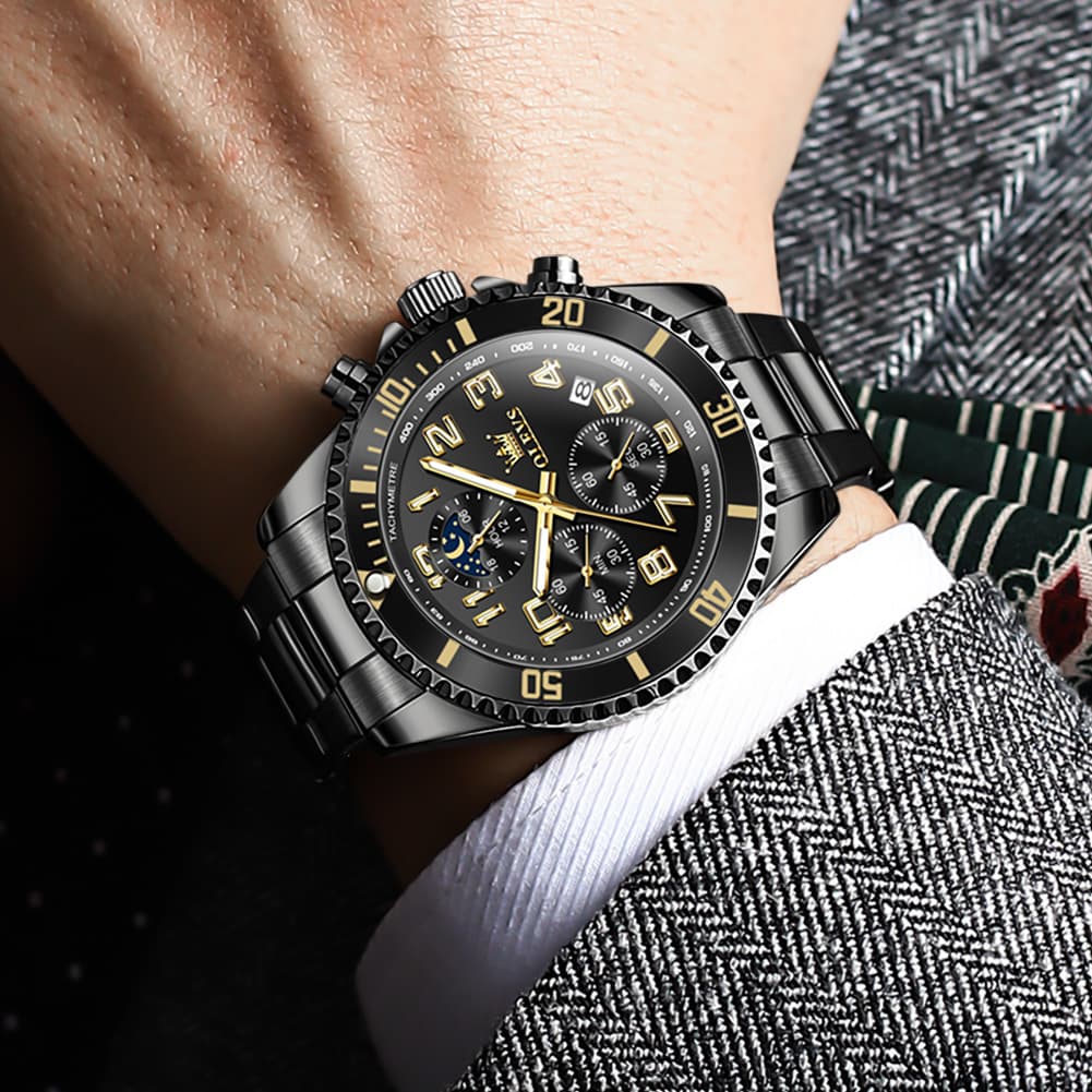 OLEVS 2926 Dive-Style Moon Phase Quartz Watch for Men - All Black Watch | Olevs Watch Store