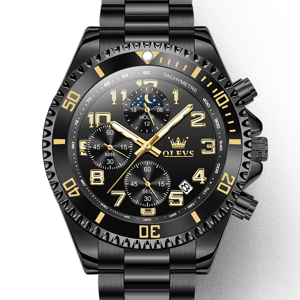 OLEVS 2926 Dive-Style Moon Phase Quartz Watch for Men - All Black Watch | Olevs Watch Store