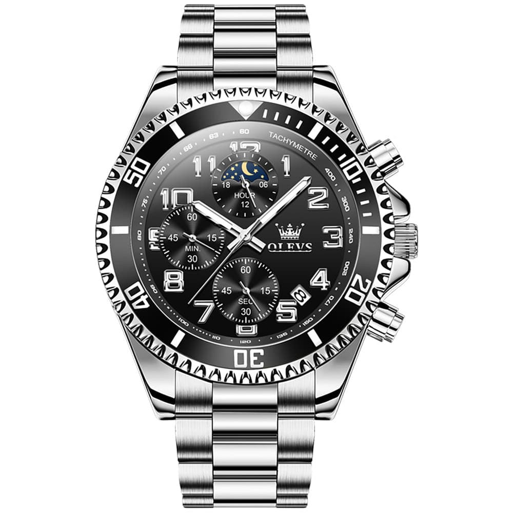 OLEVS 2926 Dive-Style Moon Phase Quartz Watch for Men - Silver Black Watch | Olevs Watch Store