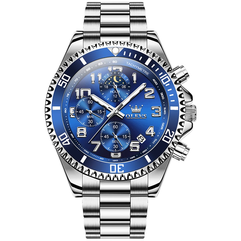 OLEVS 2926 Dive-Style Moon Phase Quartz Watch for Men - Silver Blue Watch | Olevs Watch Store