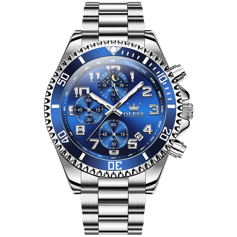 OLEVS 2926 Dive-Style Moon Phase Quartz Watch for Men - Silver Blue Watch | Olevs Watch Store
