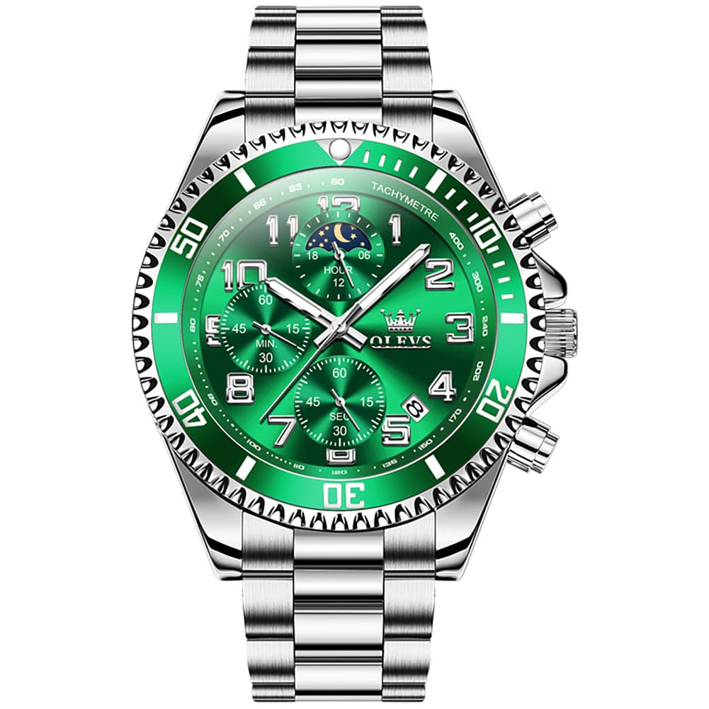 OLEVS 2926 Dive-Style Moon Phase Quartz Watch for Men - Silver Green Watch | Olevs Watch Store