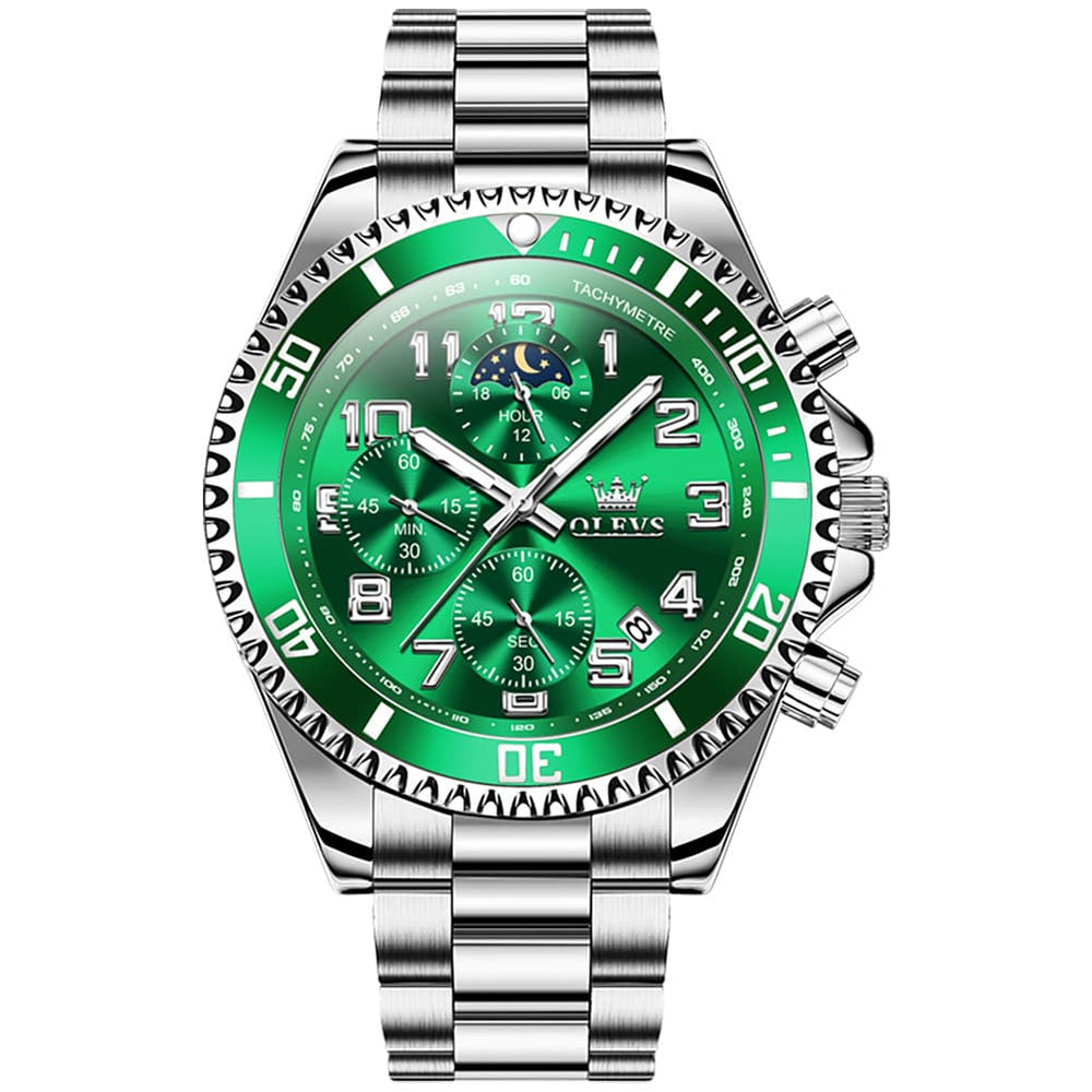 OLEVS 2926 Dive-Style Moon Phase Quartz Watch for Men - Silver Green Watch | Olevs Watch Store