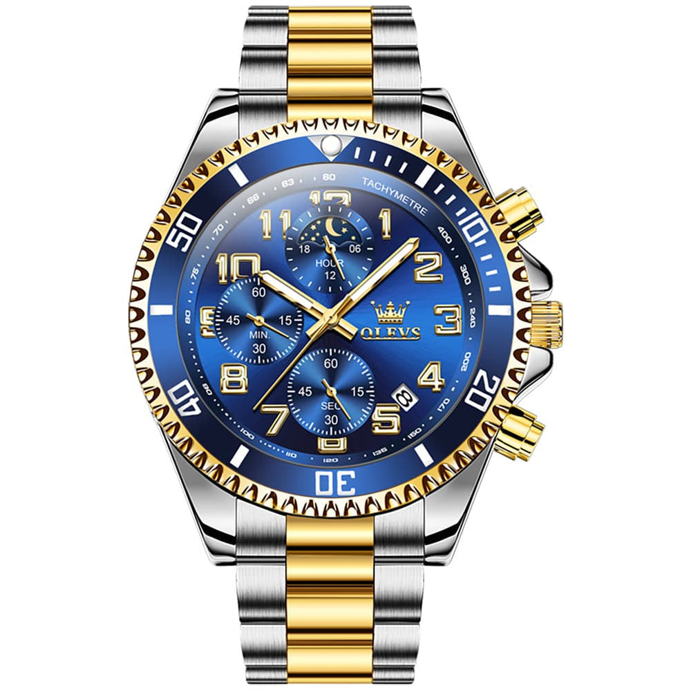 OLEVS 2926 Dive-Style Moon Phase Quartz Watch for Men - Two-Tone Blue Watch | Olevs Watch Store