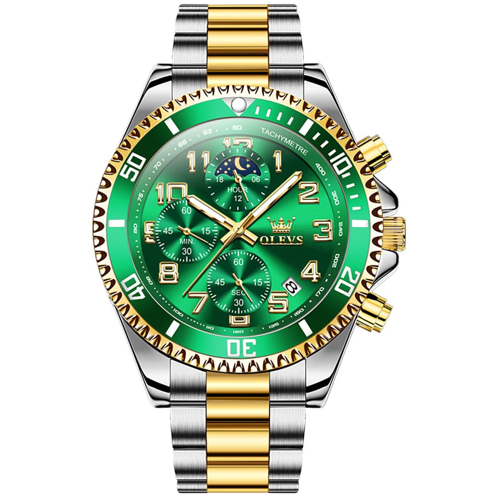 OLEVS 2926 Dive-Style Moon Phase Quartz Watch for Men - Two-Tone Green Watch | Olevs Watch Store