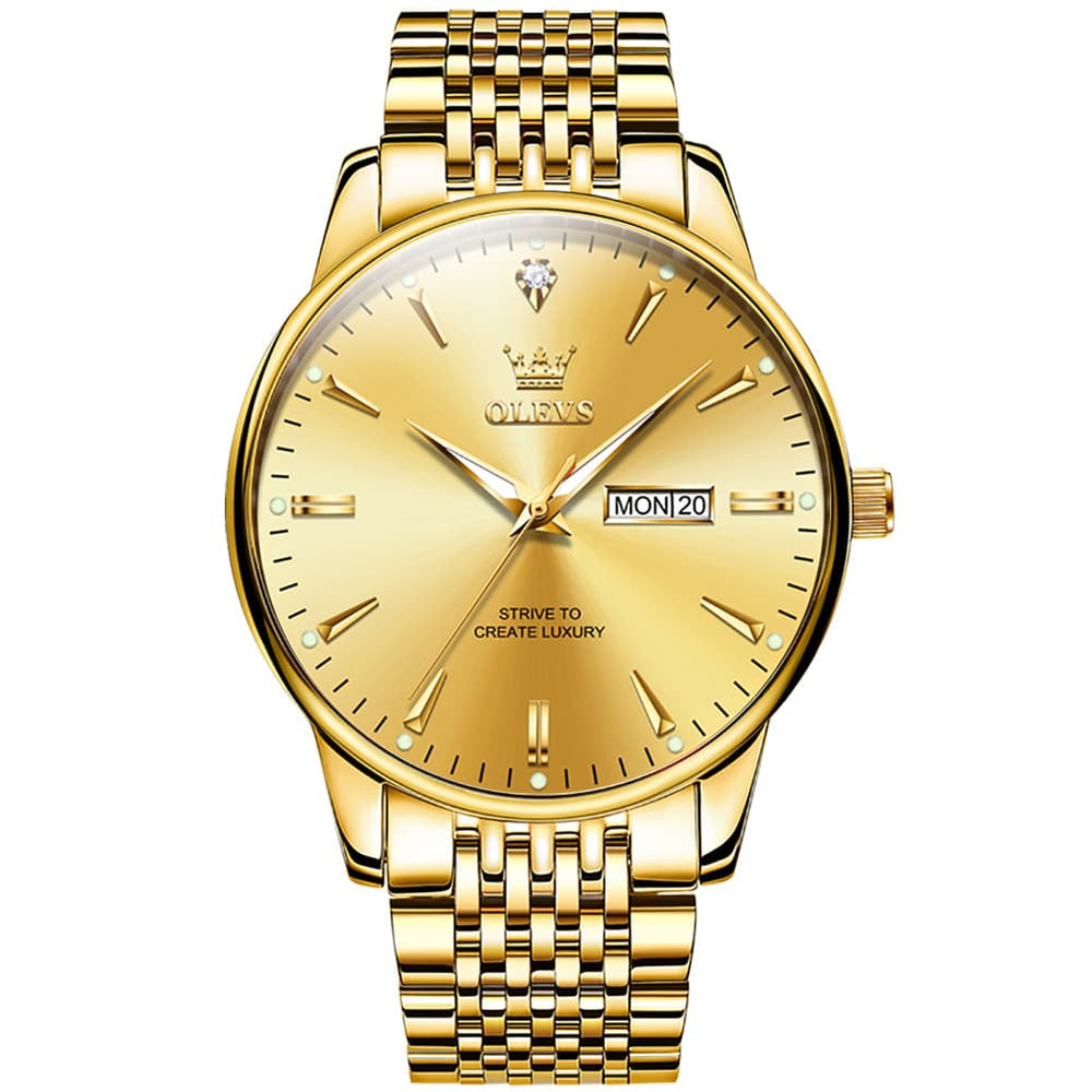 OLEVS 2929 Minimalist Day Date Quartz Watch for Men - All Gold Watch | Olevs Watch Store