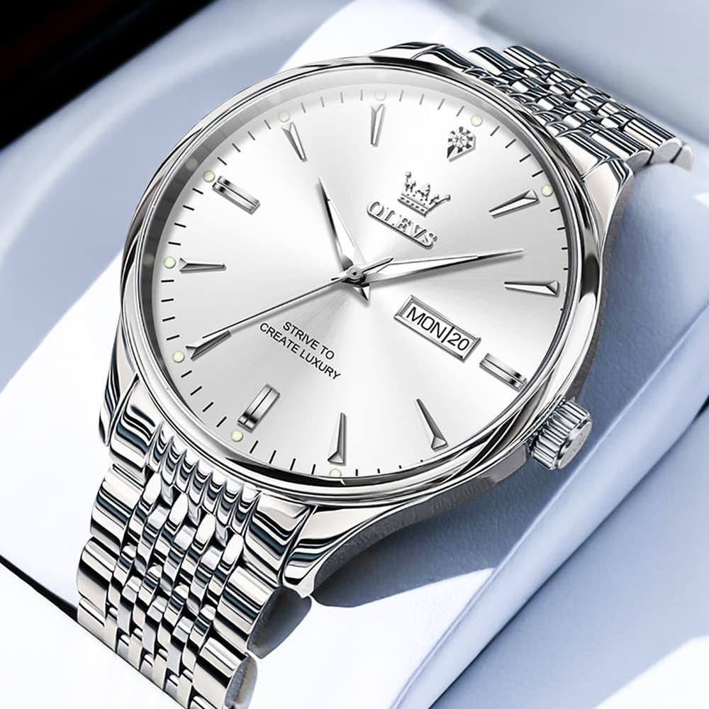 OLEVS 2929 Minimalist Day Date Quartz Watch for Men - All Silver Watch | Olevs Watch Store