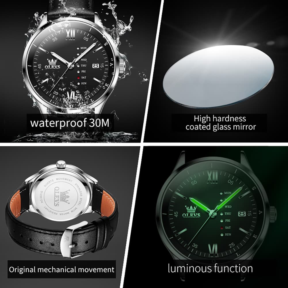 OLEVS 2931 Minimalist Leather Quartz Watch for Men - All Black Watch | Olevs Watch Store