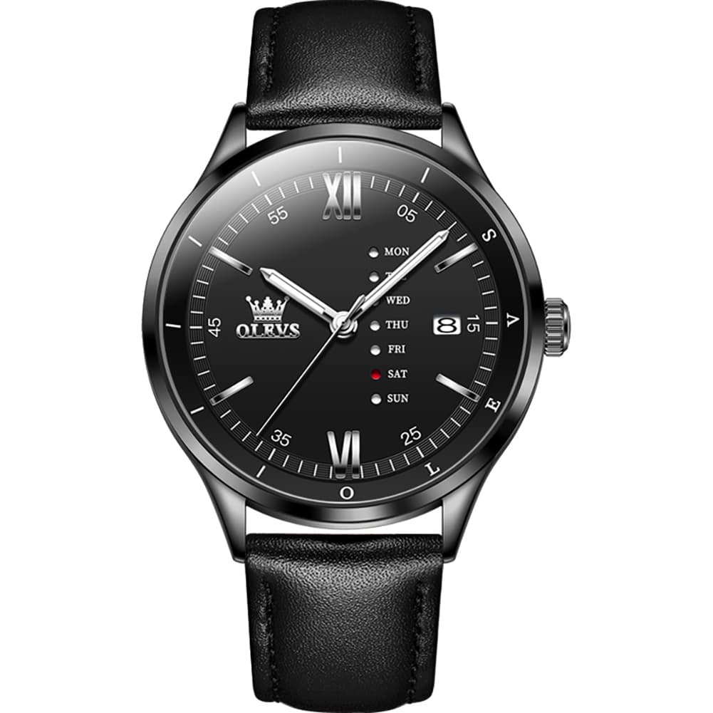 OLEVS 2931 Minimalist Leather Quartz Watch for Men - All Black Watch | Olevs Watch Store