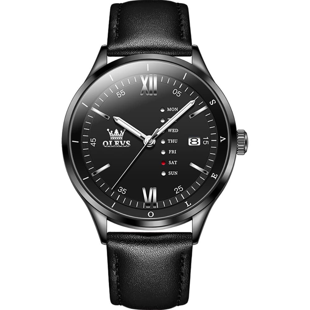 OLEVS 2931 Minimalist Leather Quartz Watch for Men - All Black Watch | Olevs Watch Store