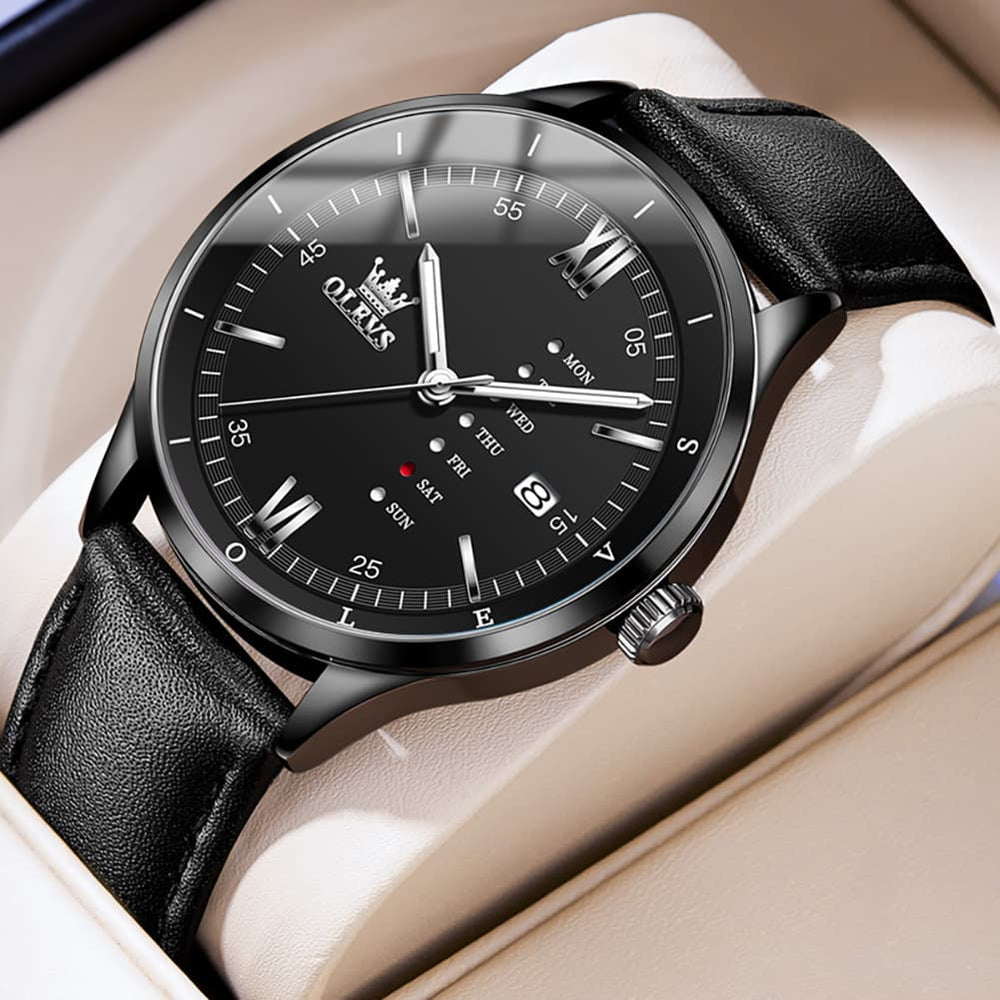 OLEVS 2931 Minimalist Leather Quartz Watch for Men - All Black Watch | Olevs Watch Store