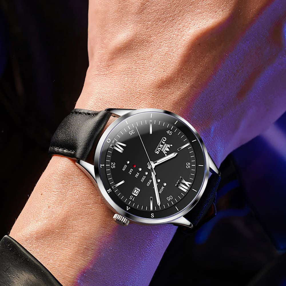 OLEVS 2931 Minimalist Leather Quartz Watch for Men - All Black Watch | Olevs Watch Store