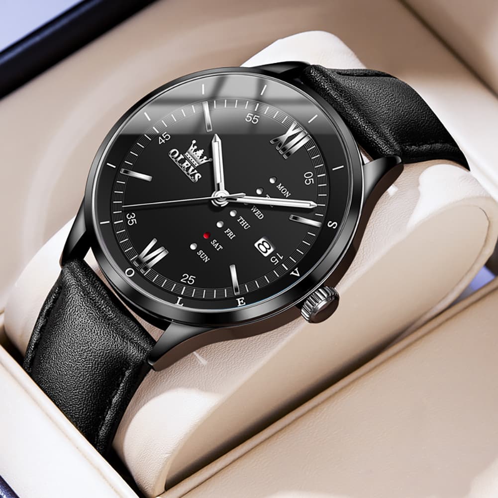 OLEVS 2931 Minimalist Leather Quartz Watch for Men - All Black Watch | Olevs Watch Store