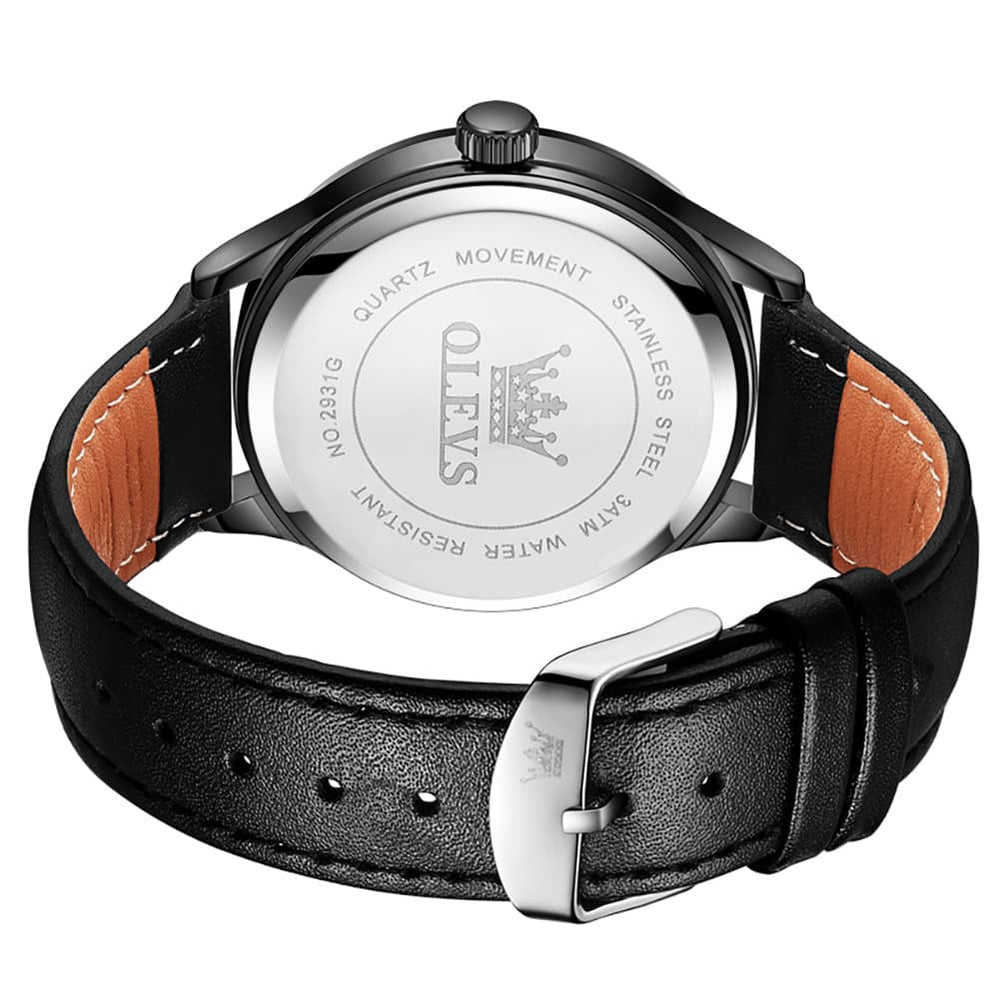 OLEVS 2931 Minimalist Leather Quartz Watch for Men - All Black Watch | Olevs Watch Store
