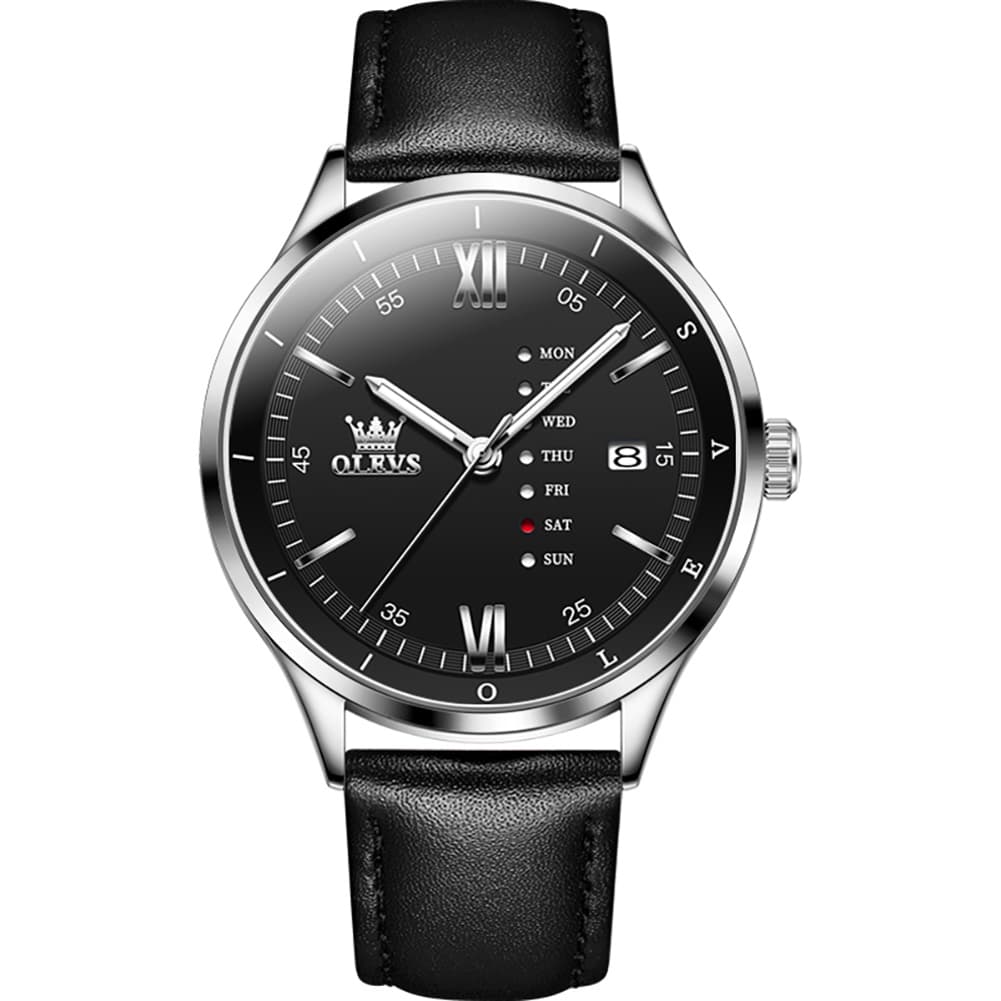 OLEVS 2931 Minimalist Leather Quartz Watch for Men - Silver Black Watch | Olevs Watch Store