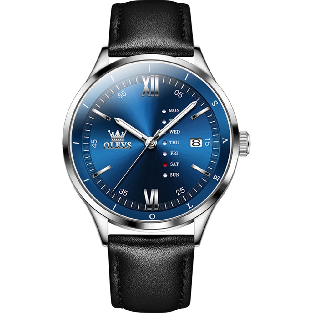 OLEVS 2931 Minimalist Leather Quartz Watch for Men - Silver Blue Watch | Olevs Watch Store