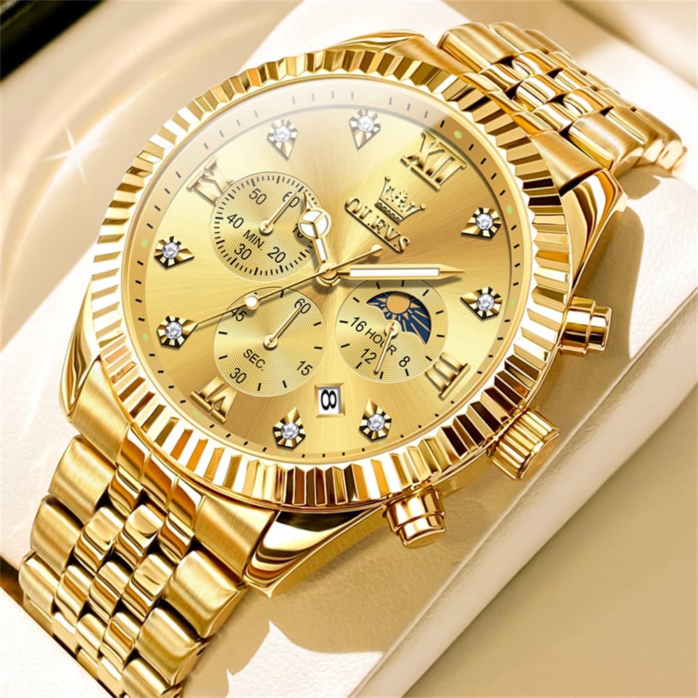 OLEVS 2932 Luxury Gold Fluted Bezel Quartz Watch for Men - All Gold Watch | Olevs Watch Store