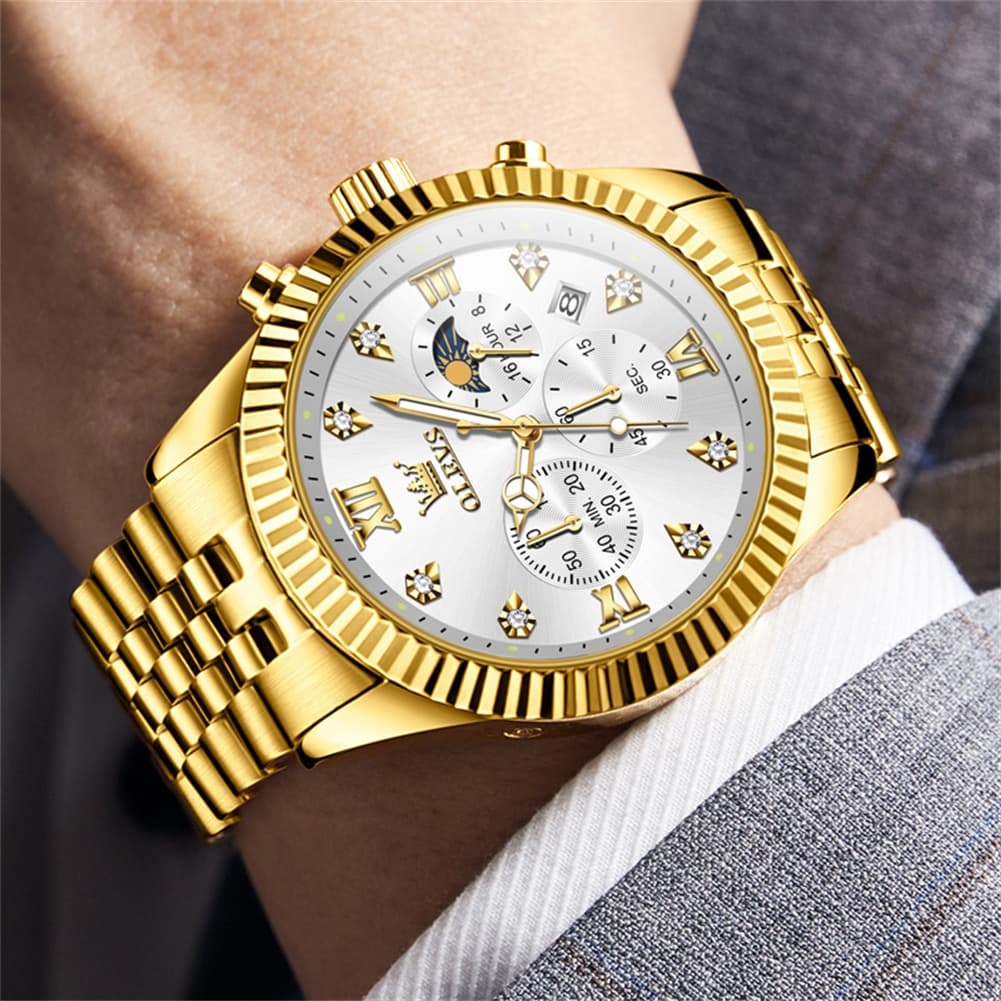 OLEVS 2932 Luxury Gold Fluted Bezel Quartz Watch for Men - All Gold Watch | Olevs Watch Store