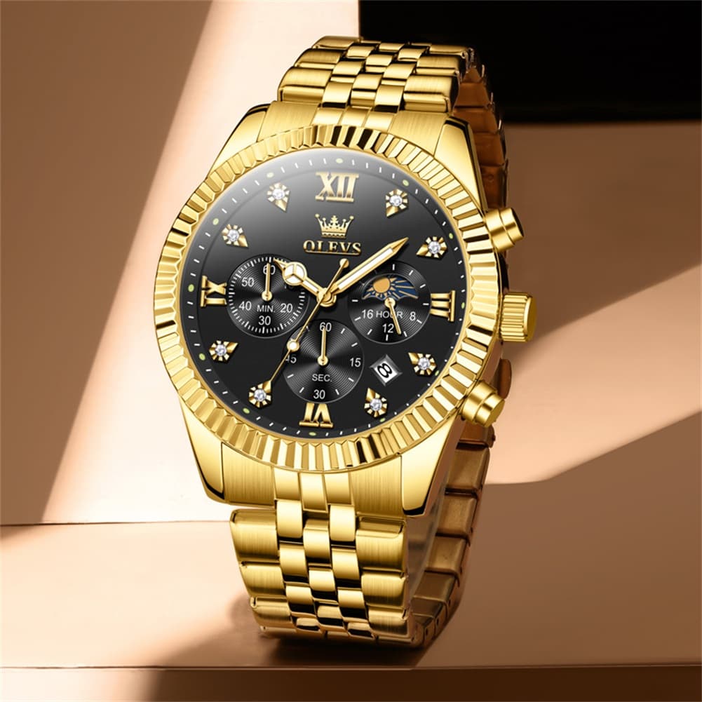 OLEVS 2932 Luxury Gold Fluted Bezel Quartz Watch for Men - All Gold Watch | Olevs Watch Store