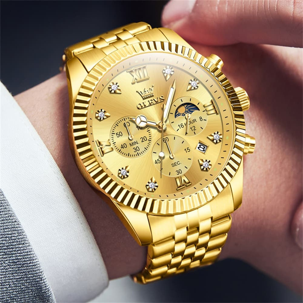 OLEVS 2932 Luxury Gold Fluted Bezel Quartz Watch for Men - All Gold Watch | Olevs Watch Store