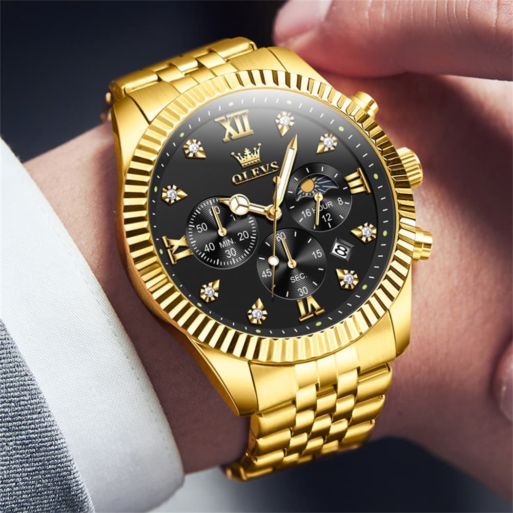 OLEVS 2932 Luxury Gold Fluted Bezel Quartz Watch for Men - All Gold Watch | Olevs Watch Store