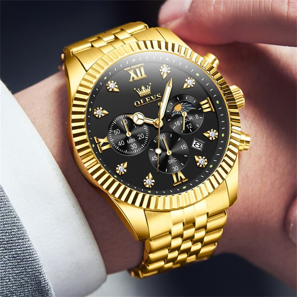 OLEVS 2932 Luxury Gold Fluted Bezel Quartz Watch for Men - All Gold Watch | Olevs Watch Store