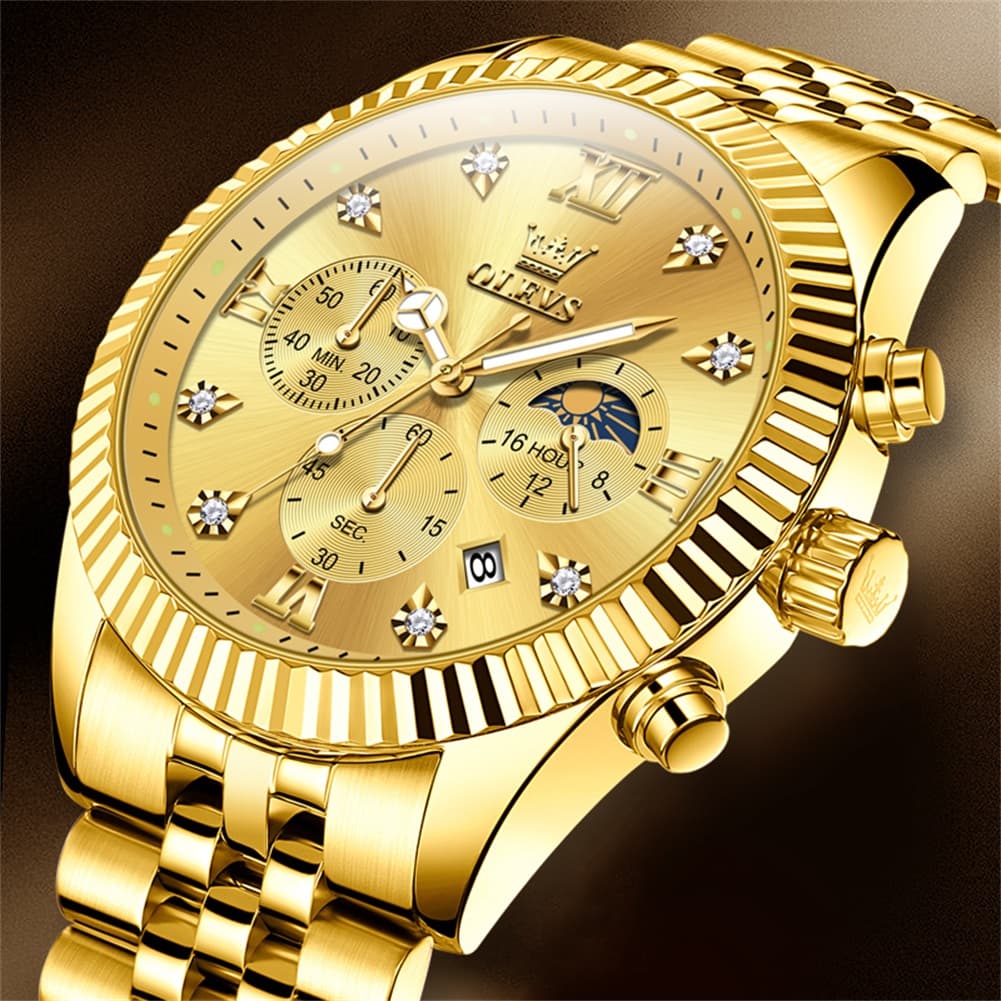 OLEVS 2932 Luxury Gold Fluted Bezel Quartz Watch for Men - All Gold Watch | Olevs Watch Store