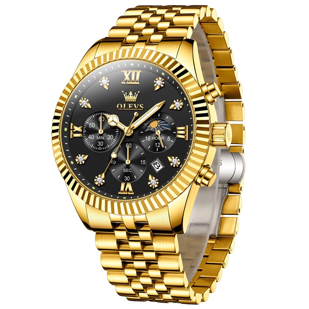 OLEVS 2932 Luxury Gold Fluted Bezel Quartz Watch for Men - Gold Black Watch | Olevs Watch Store